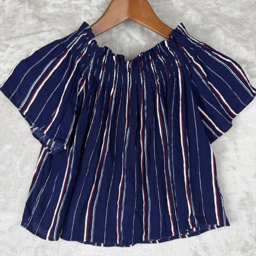 Navy White Red Stripe Off Shoulder Smocked pull bear Top Size S